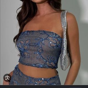 MESHKI Jessica Blue Sequin Crop Top NWOT